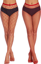Red and dark fishnet stockings for plus size, diamond lattice, wide top bands