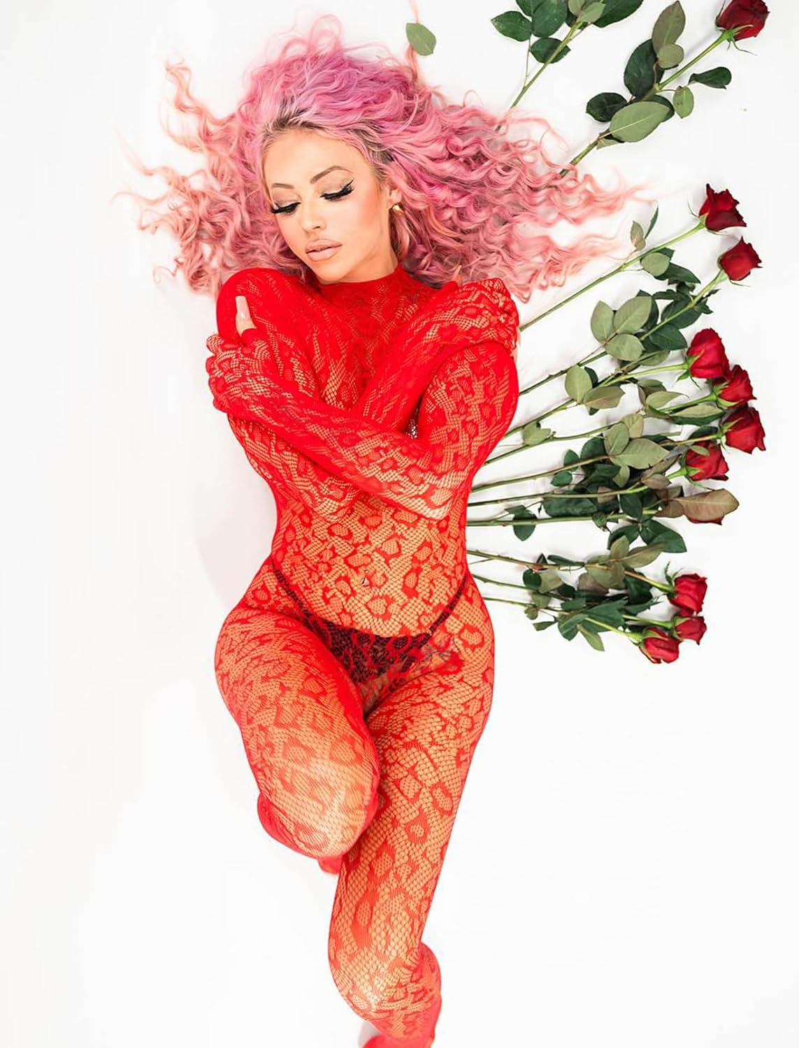 Red fishnet bodysuit with long sleeves and full-coverage legs