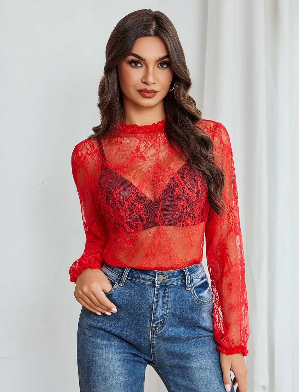 Red sheer lace long-sleeve top with high neck and V-shaped floral lace yoke