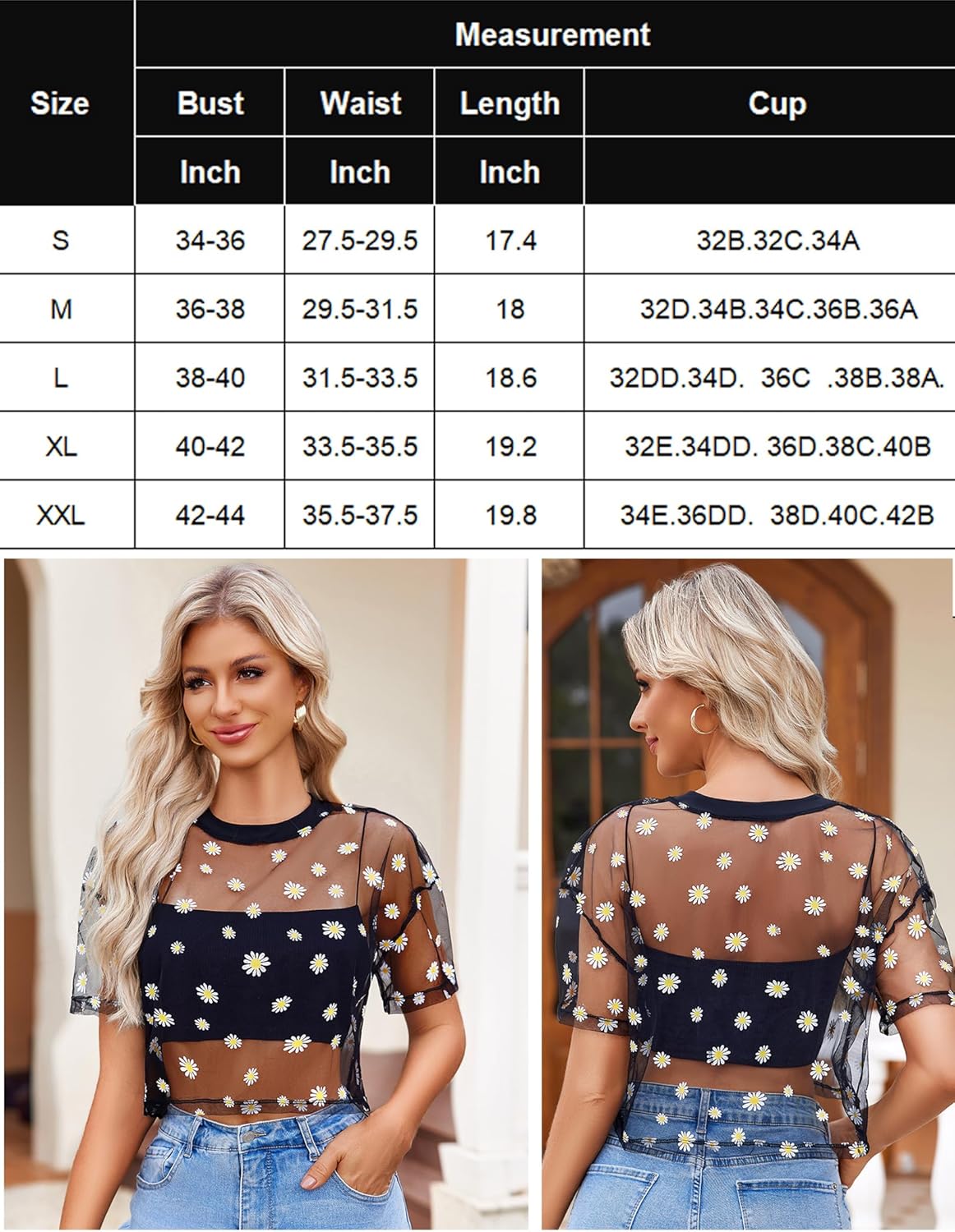 Star print mesh see-through top with short sleeves, crew neck (measurement inset)