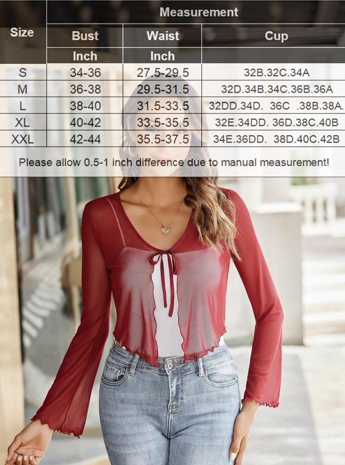 Sheer mesh shrug tie-front shawl top, long sleeves, wine red