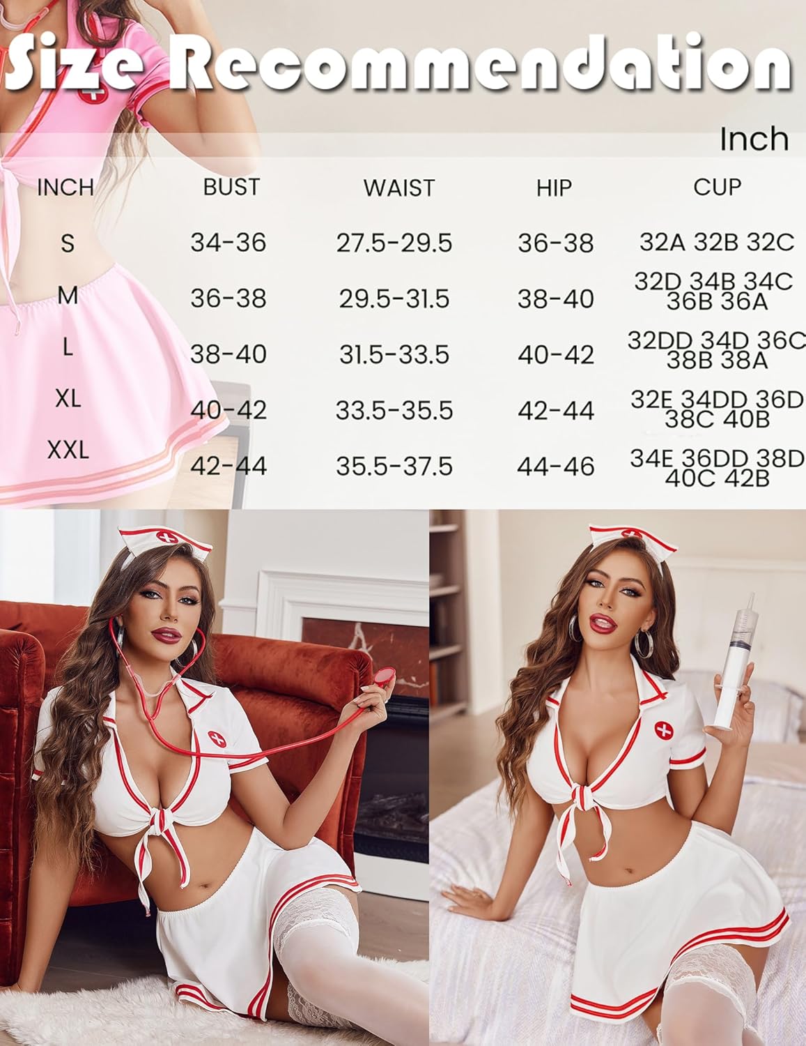 Pink nurse cosplay set with tie-front crop top and mini skirt, with white lace stockings