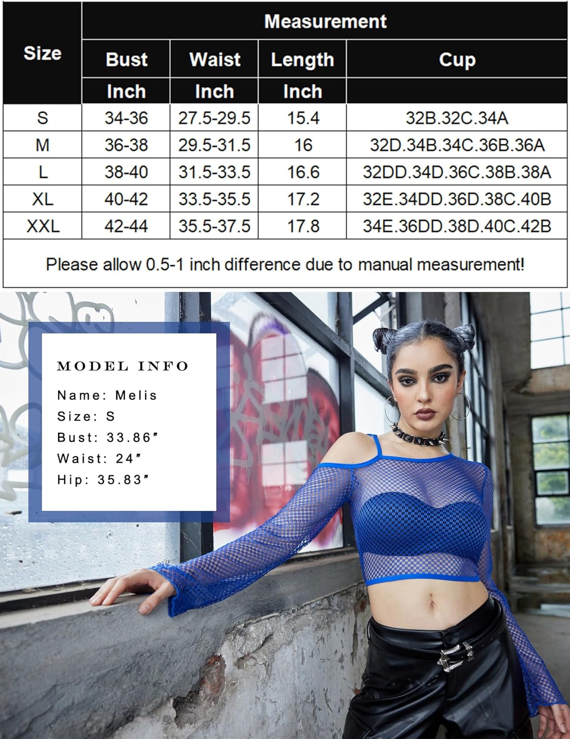 Long sleeve fishnet crop top with cutout bra cups, blue mesh, long sleeves