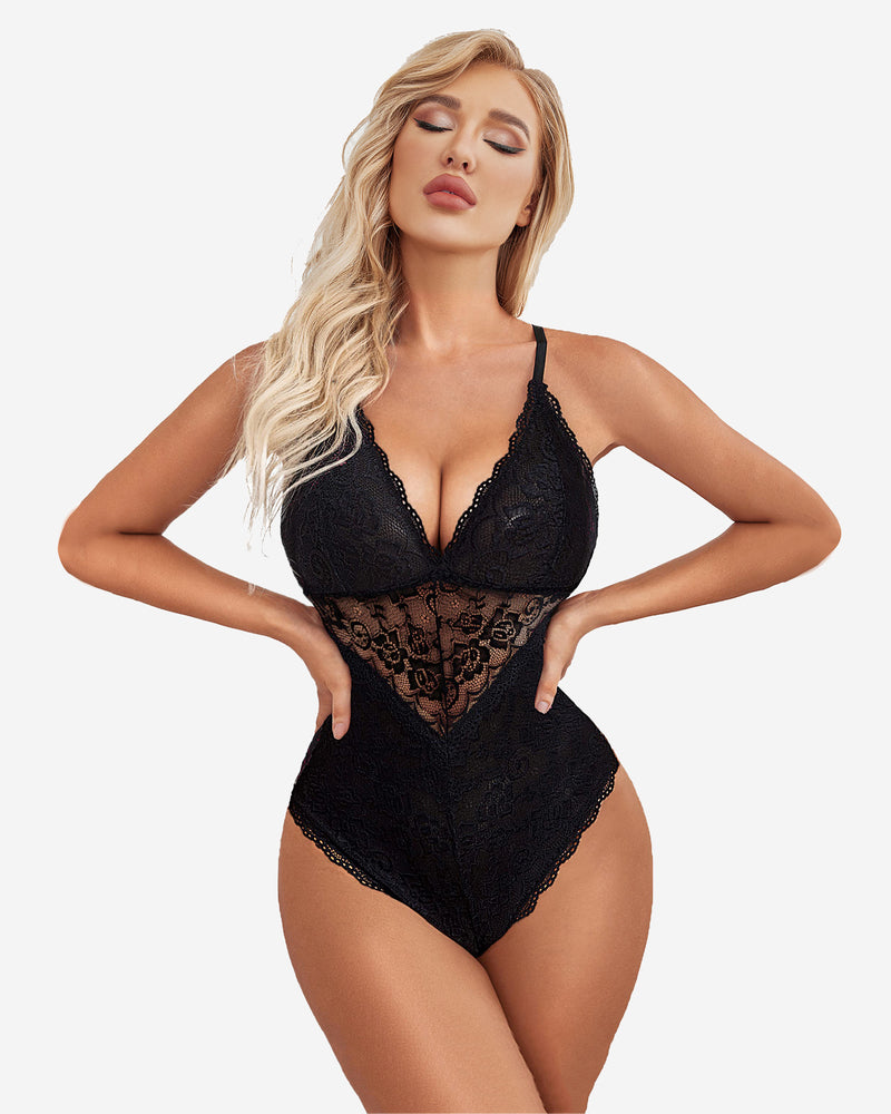 Black lace snap-crotch teddy with plunging V-neck and scalloped lace trim
