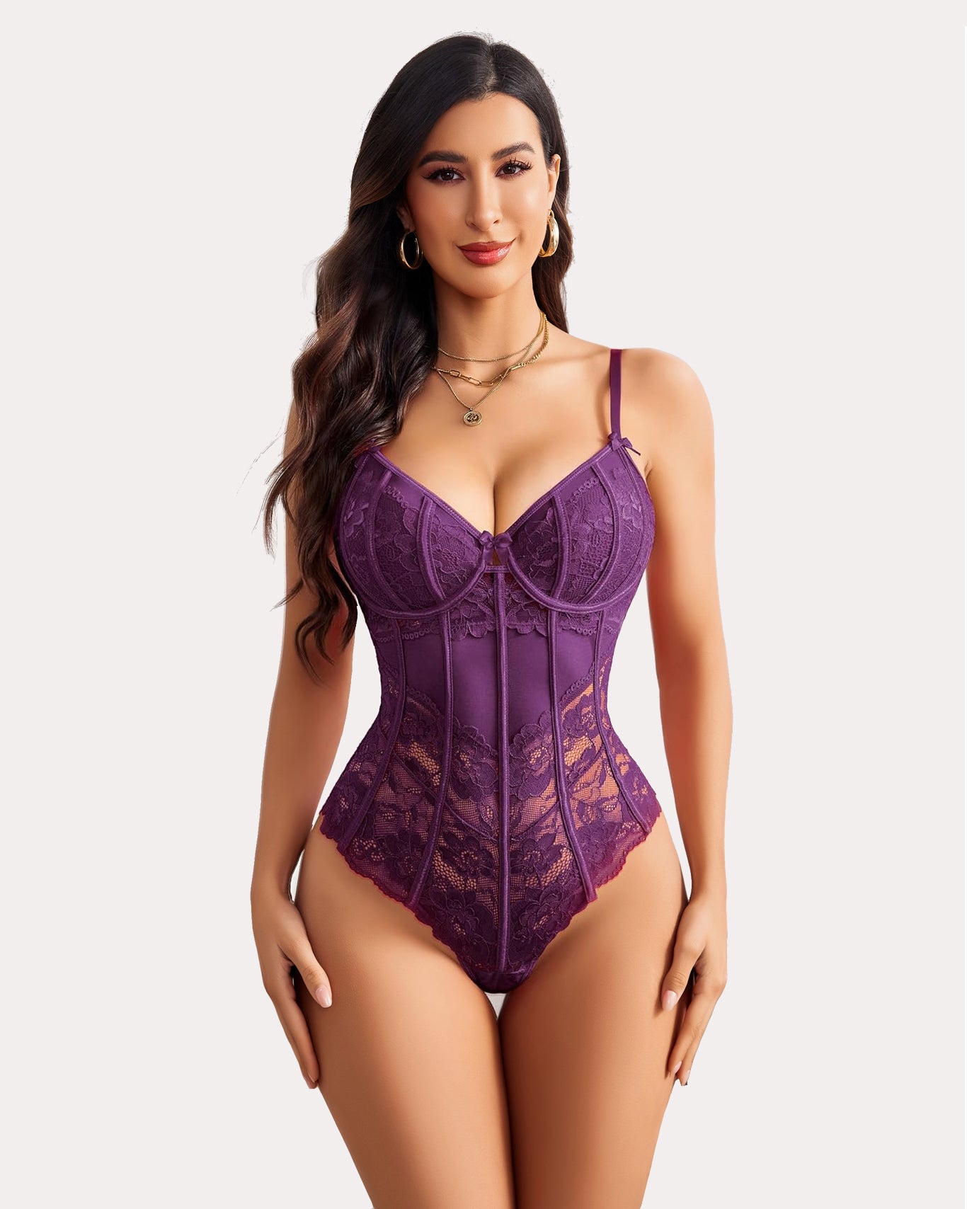 Purple lace one-piece bodysuit with underwire V-neck and sheer center panel