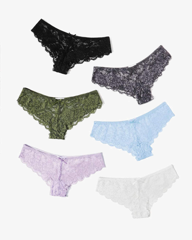 Floral lace hipster panties set in black, olive, light blue, lavender, and white