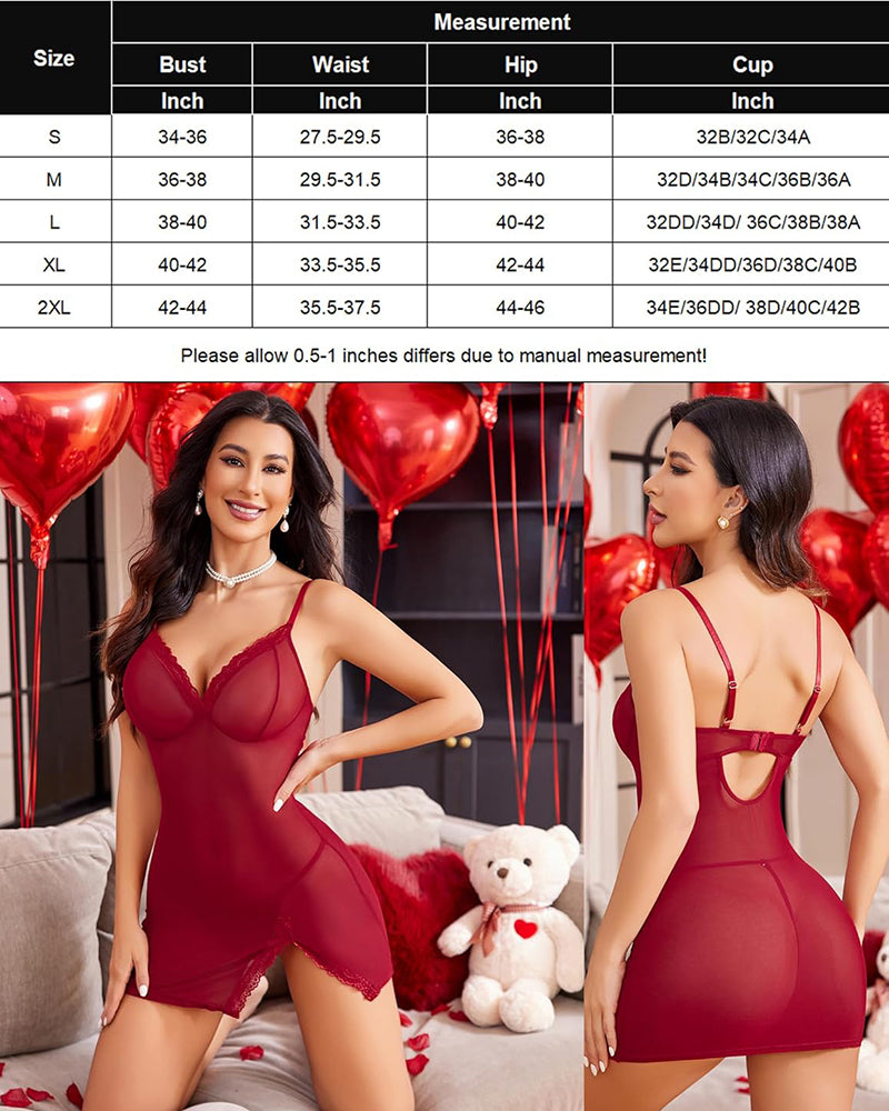 Wine red lace nightgown front and back views with measurement chart below
