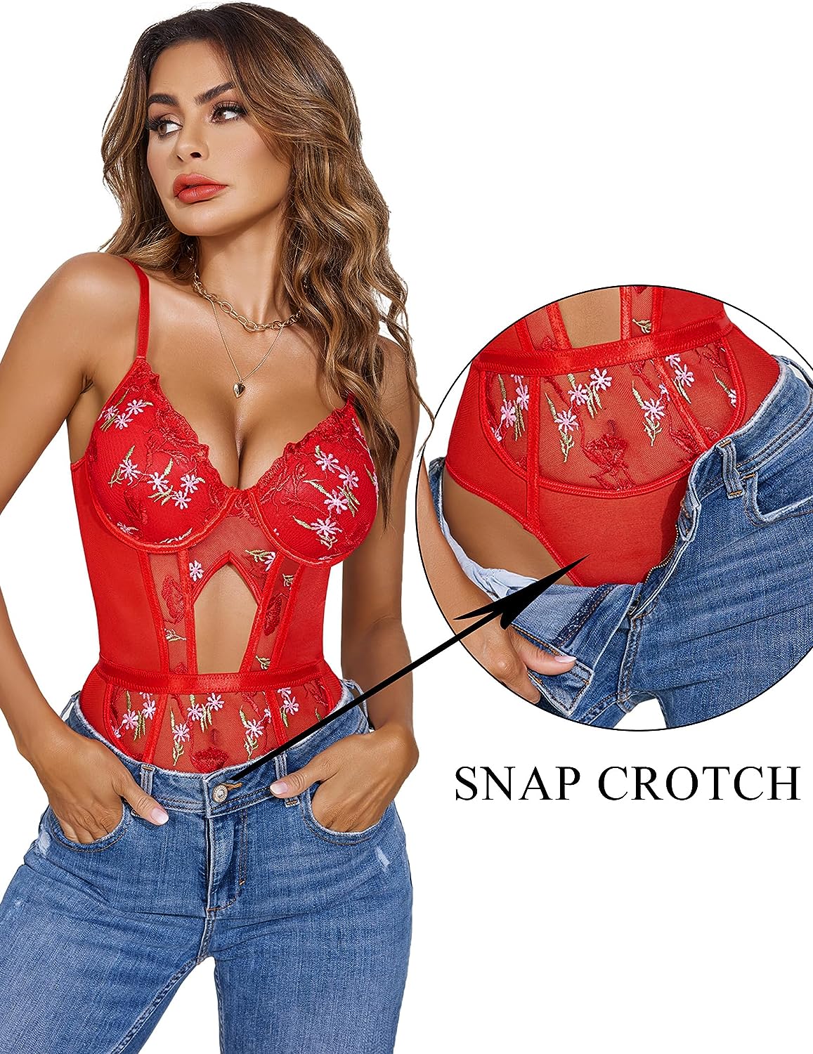 Red lace bodysuit with floral embroidery and snap crotch, front view