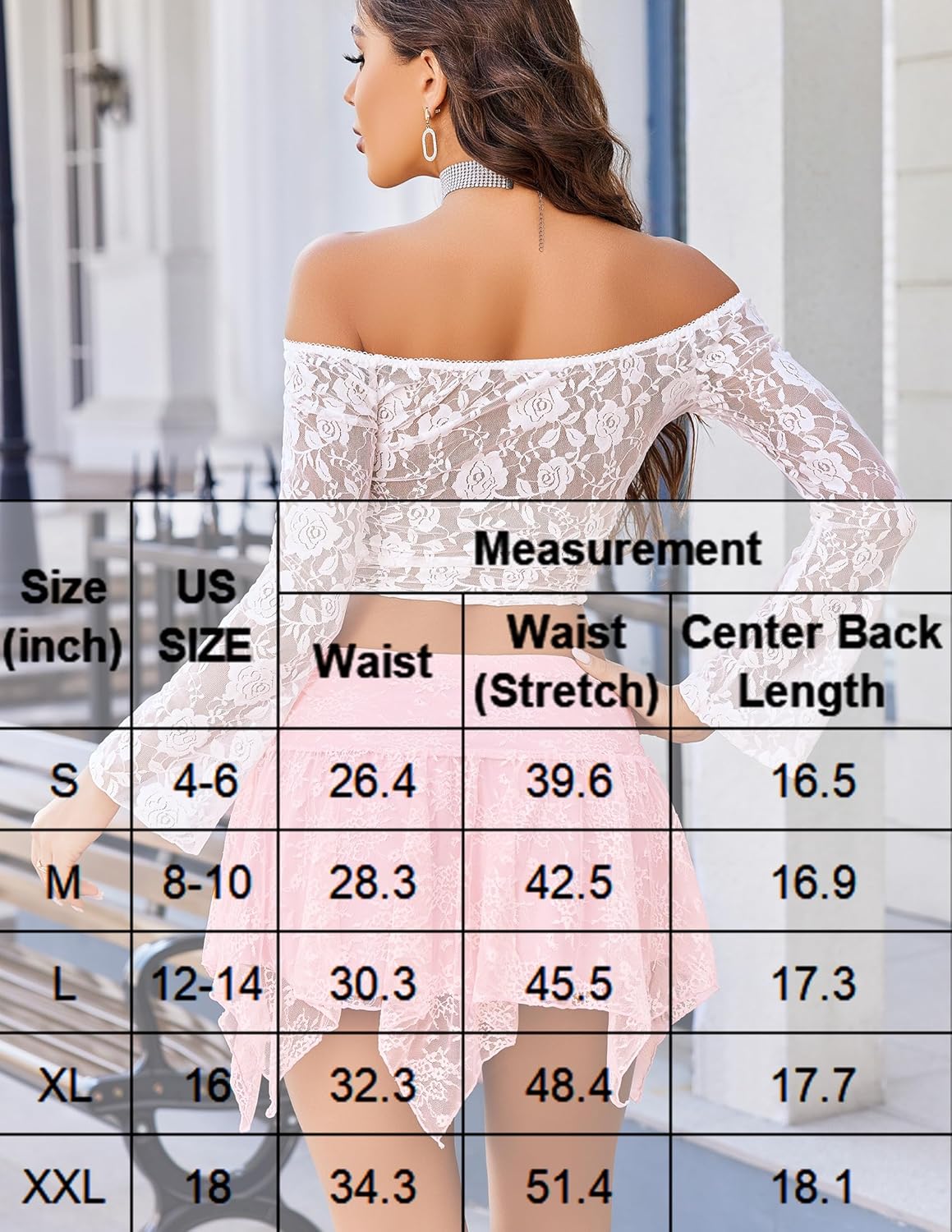 Pink layered asymmetrical short skirt with gathered ruffle tiers and draped lace back