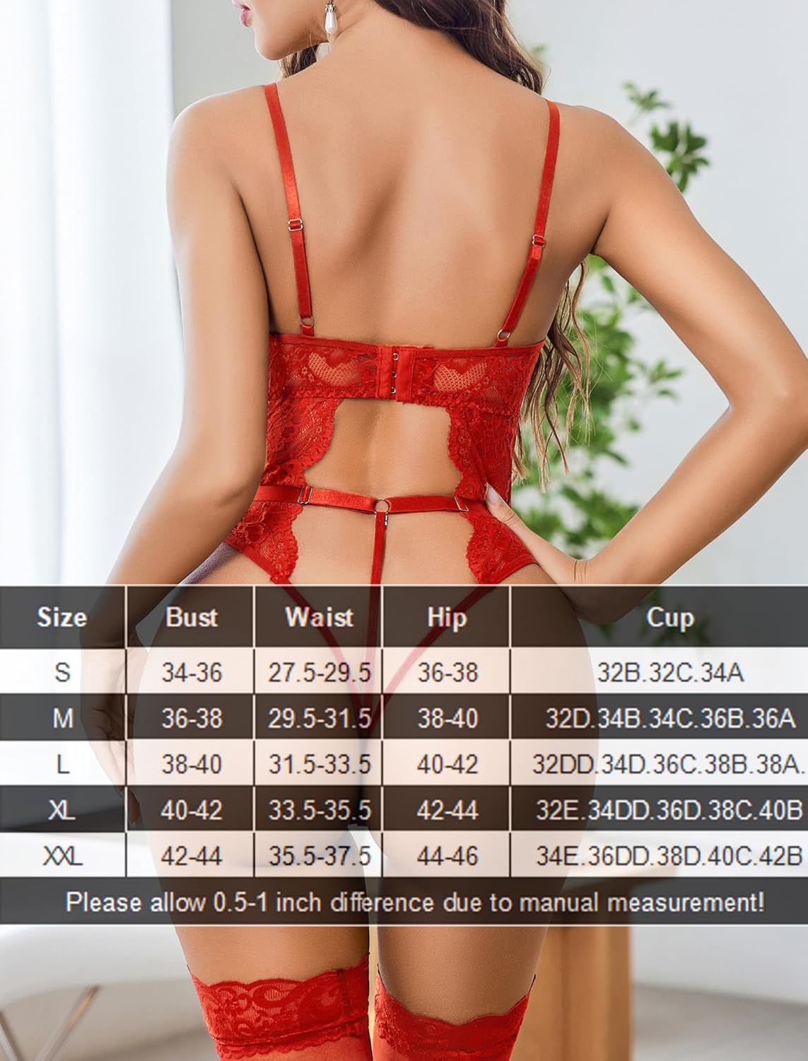 Red lace crotchless bodysuit set with panty garters, open-back straps