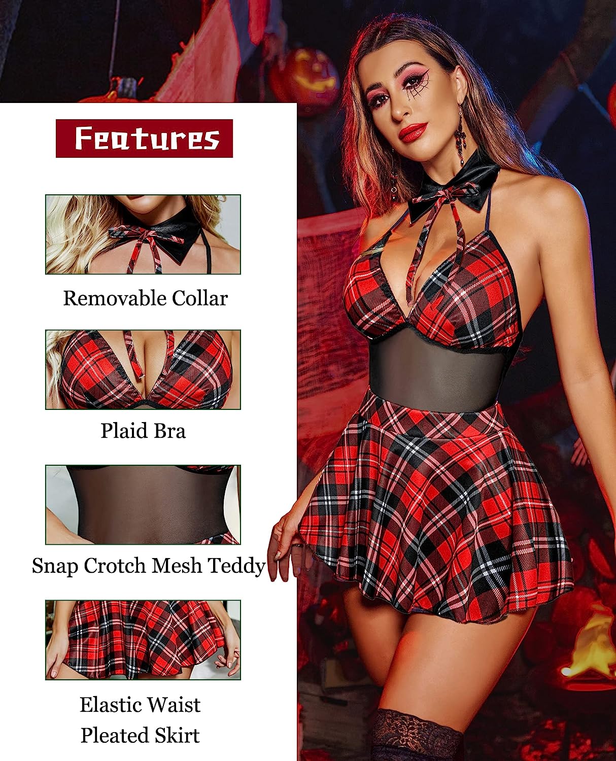 Red plaid halter snap-crotch dress with black mesh panel, white collar and bow