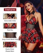 Red plaid halter snap-crotch dress with black mesh panel, white collar and bow