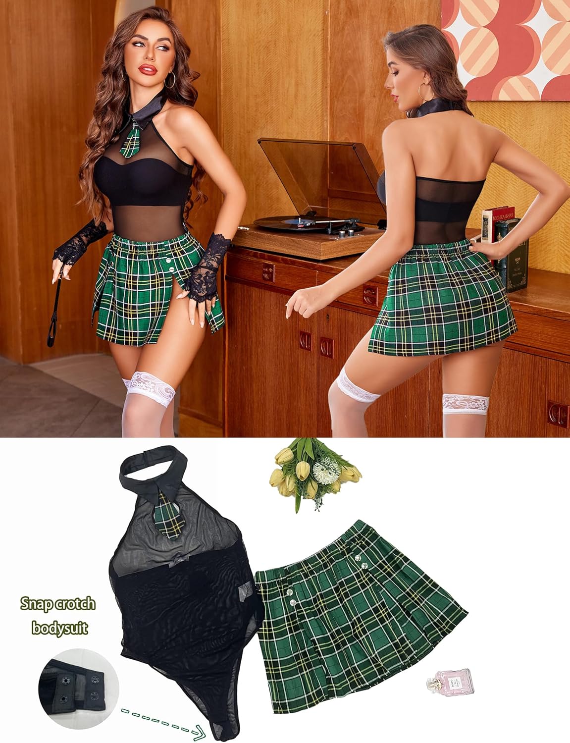 Halter mesh bodysuit with green plaid mini skirt, front and back views