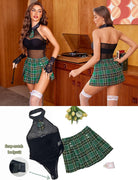 Halter mesh bodysuit with green plaid mini skirt, front and back views