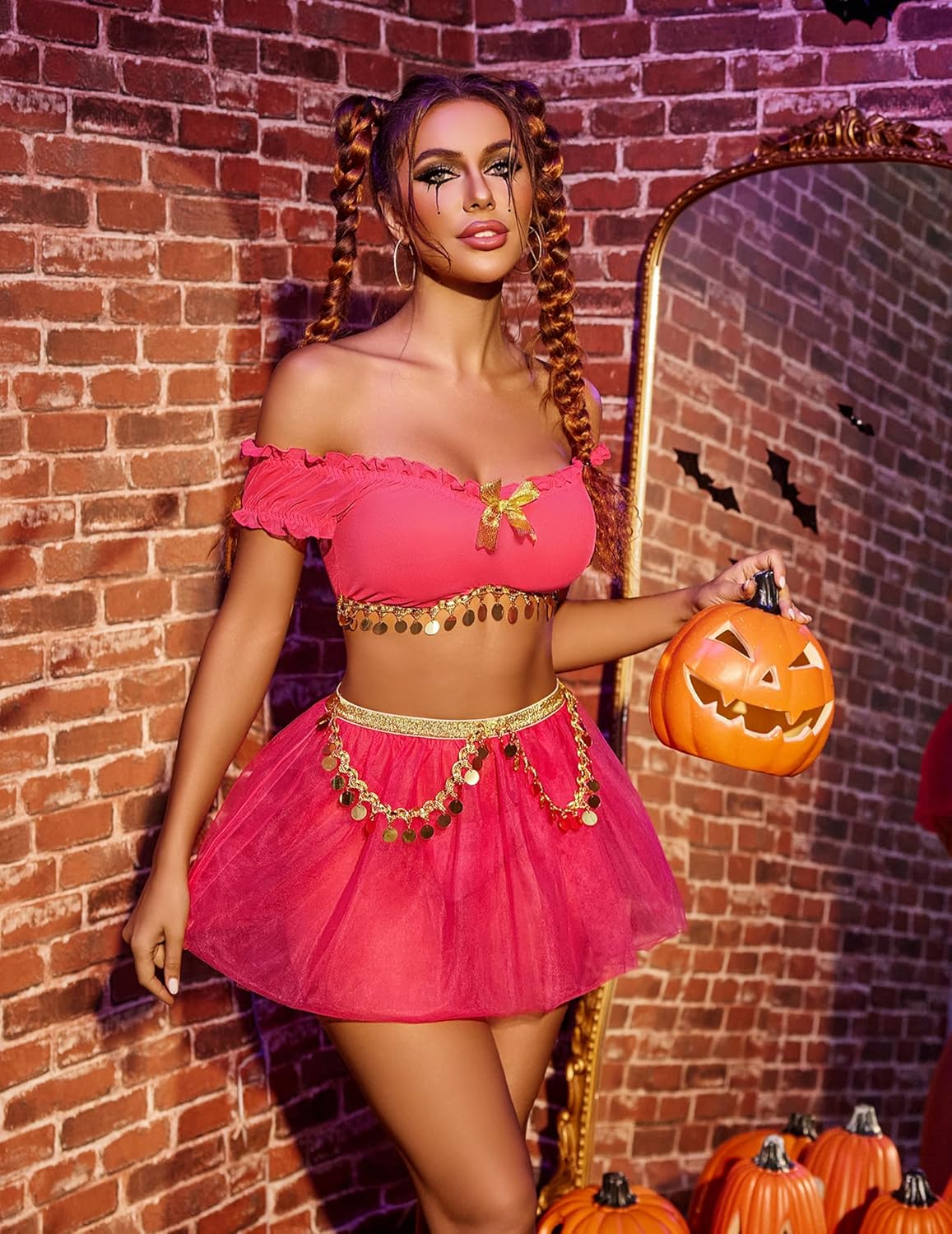 Red 3-piece lingerie cosplay set with off-shoulder bra, gold bow details, flared mini skirt