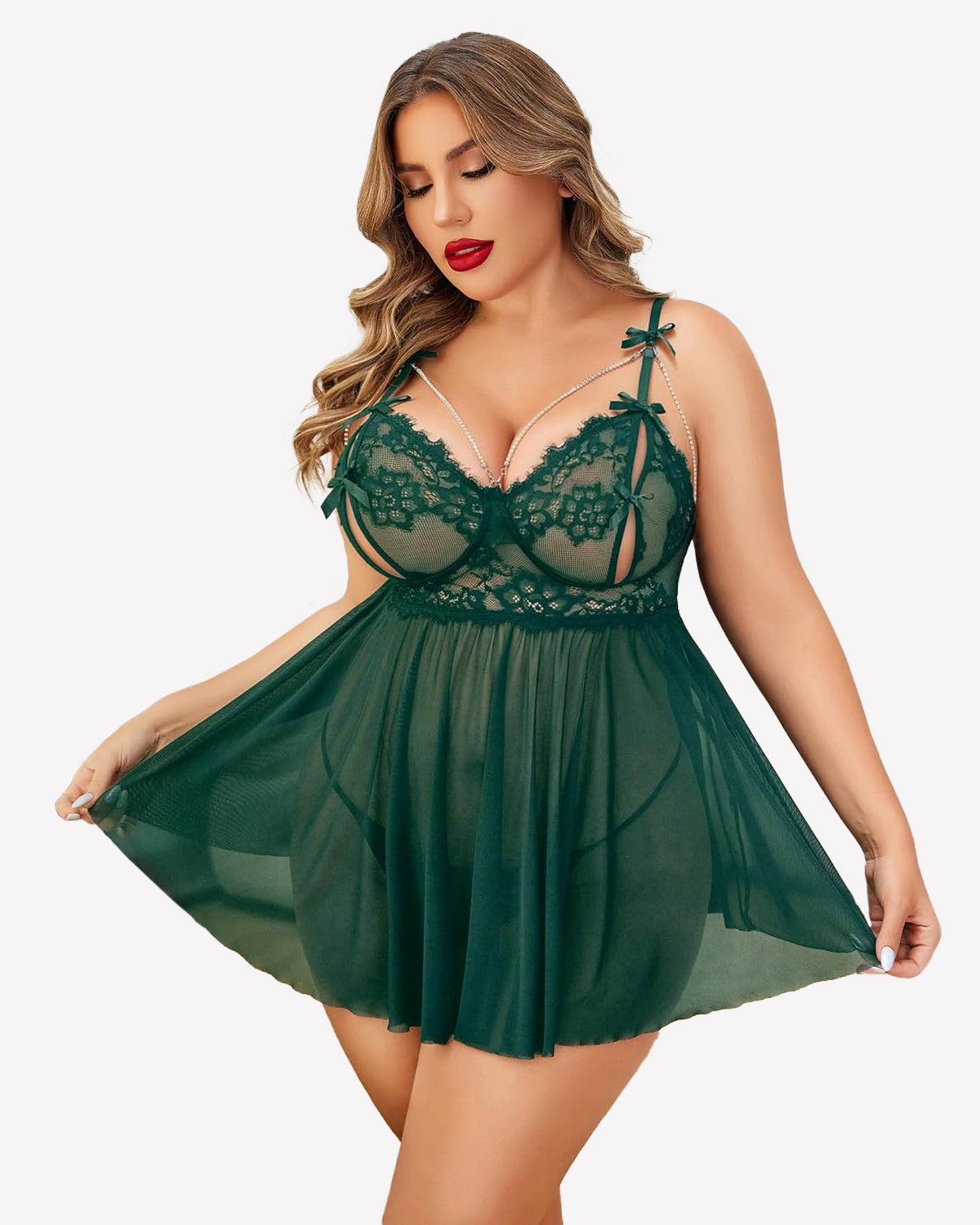 Green lace babydoll nighty with bow straps and sheer pleated flared skirt