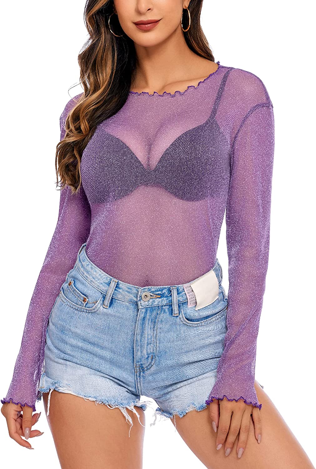 Long-sleeve sheer mesh top in purple, fitted see-through look with V neckline trim