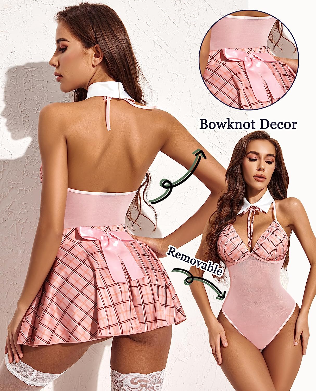 Pink plaid back snap-crotch dress with white bow collar and lace trim