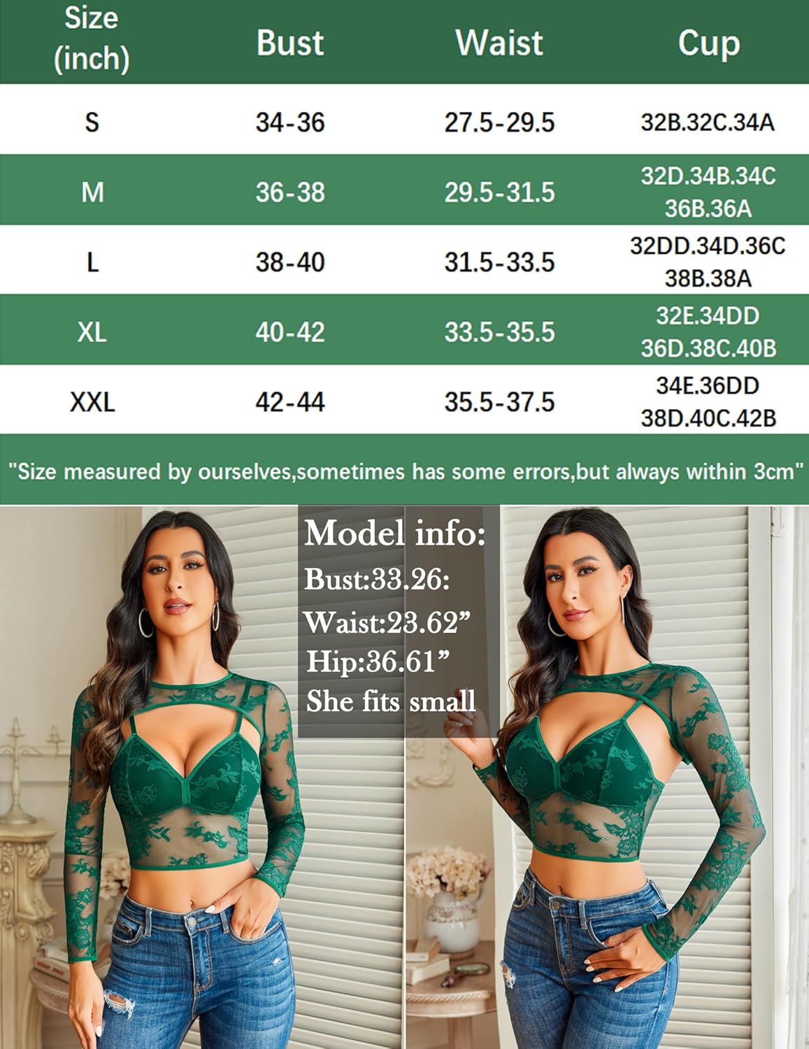 Green lace cami top with sheer long-sleeve shrug, long sleeves and lace overlay