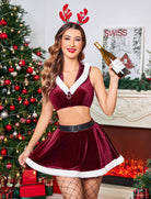 Dark red velvet hooded crop top with white trim and flared mini skirt with belt