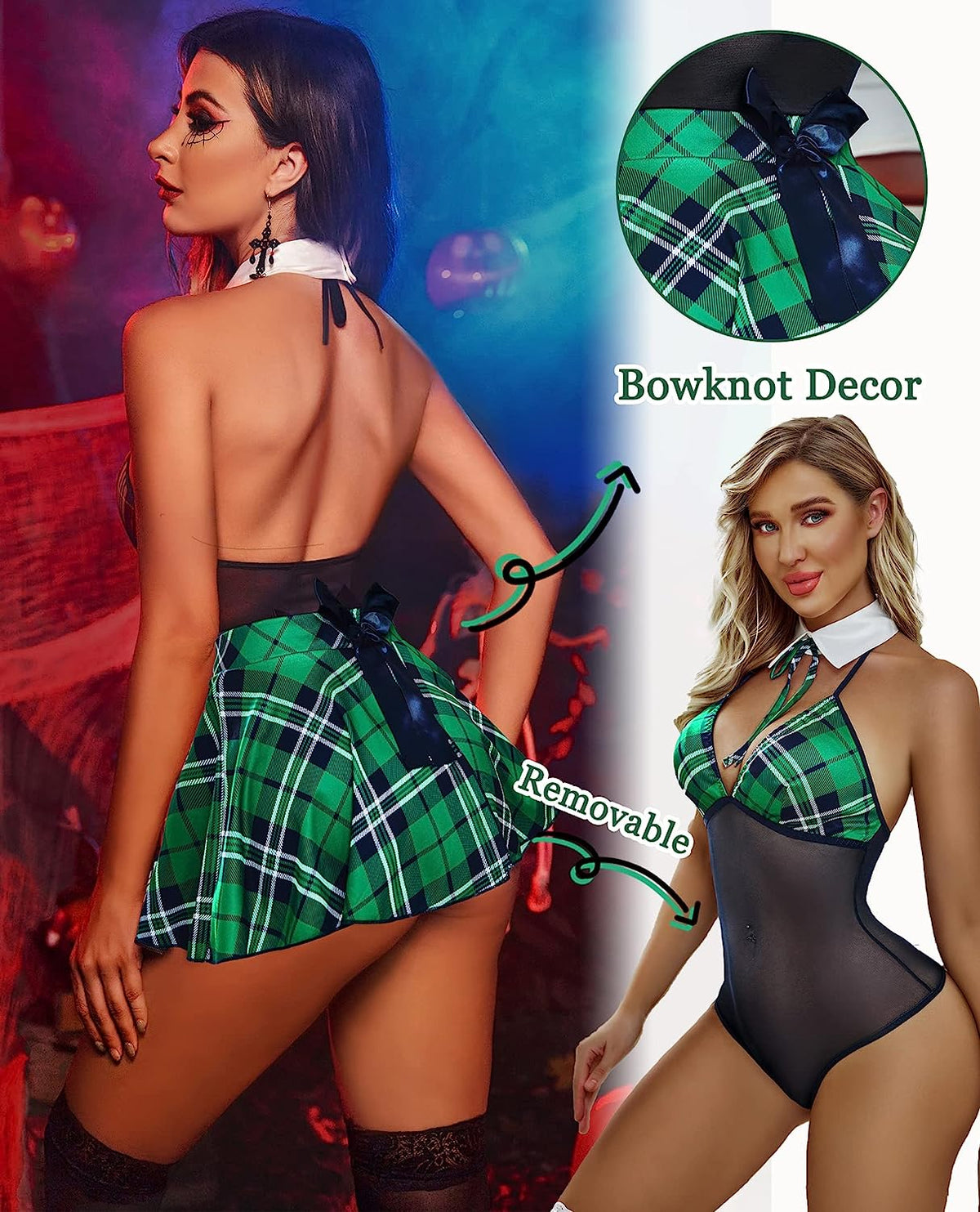 Green plaid snap-crotch dress viewed from back, pleated skirt, bow-tied collar strap