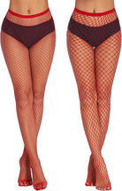 Plus size fishnet stockings, red with dark waistband, full length to toes