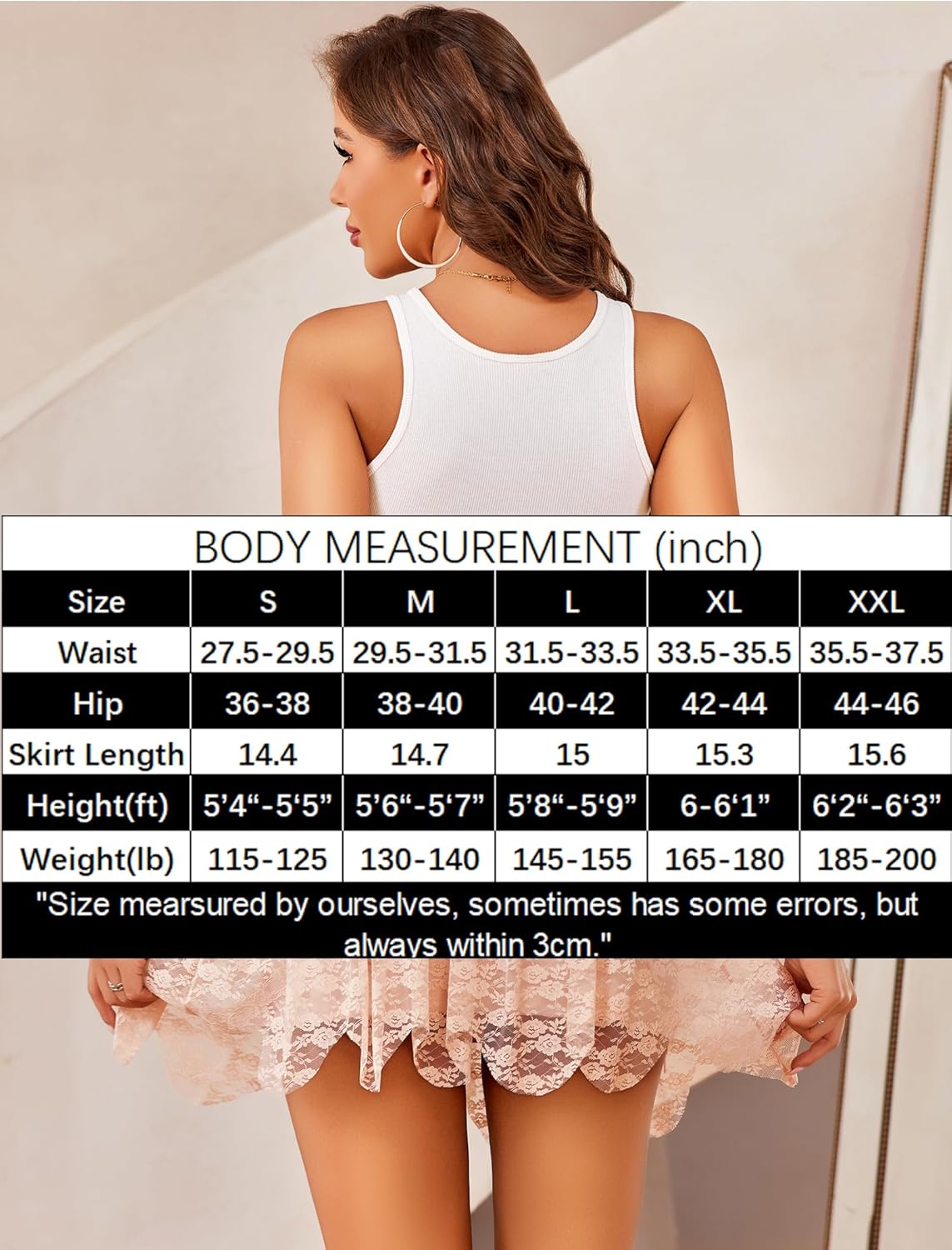 Champagne lace asymmetrical mini skirt with ruffled elastic waistband