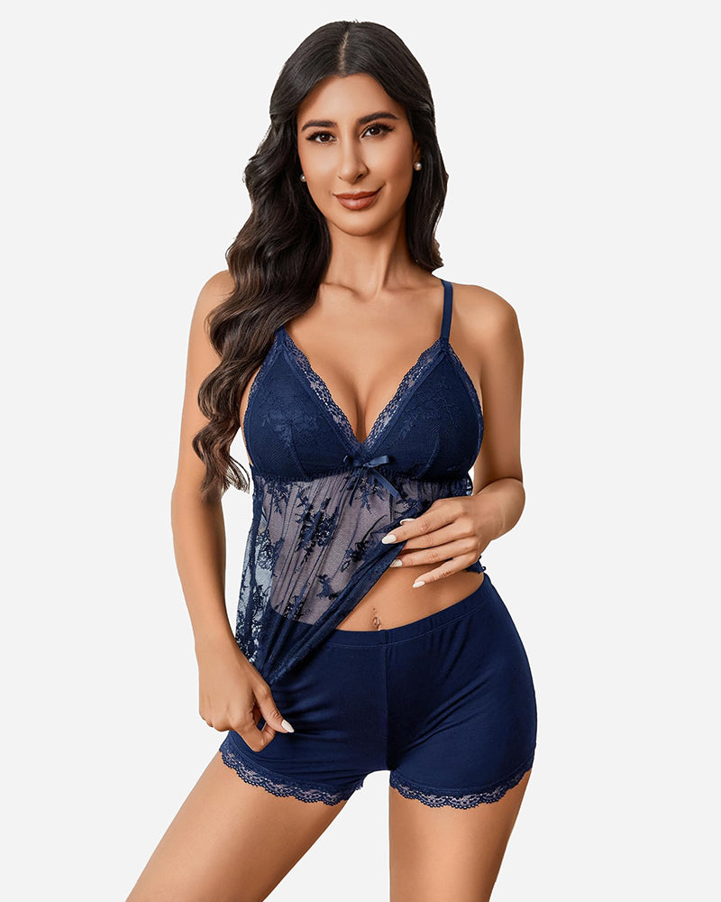 Two-piece pajama set in navy: lace-trim camisole and matching shorts