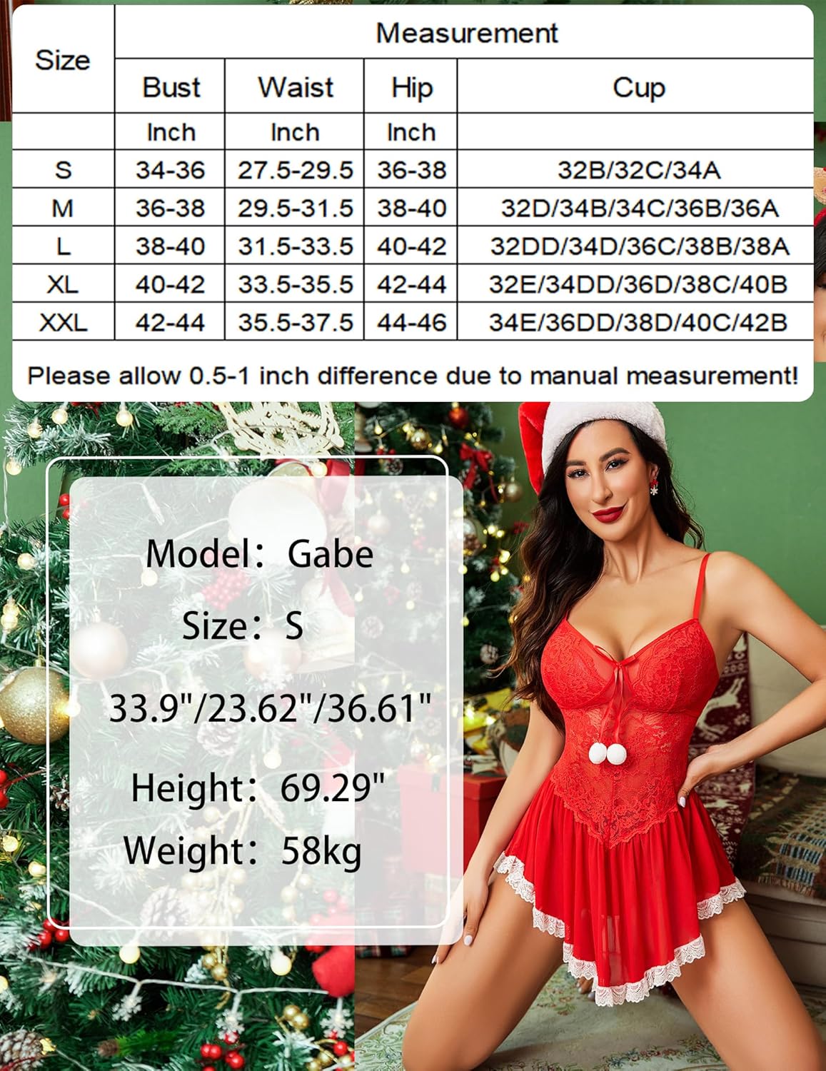 Red lace babydoll lingerie with white lace trim, two white front pom accents, and thin straps.