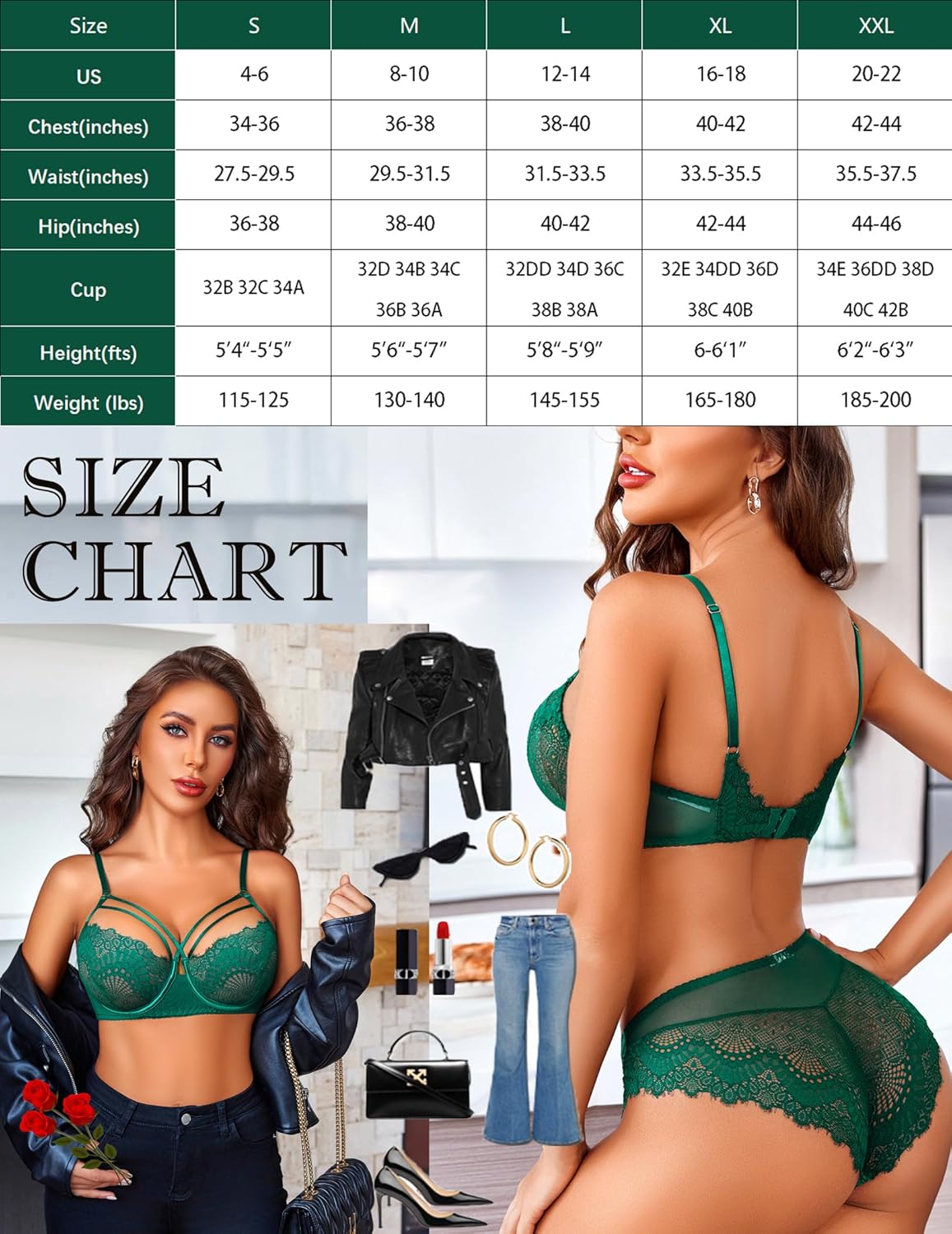 Green lace bra and matching panty set, strappy balconette-style cups