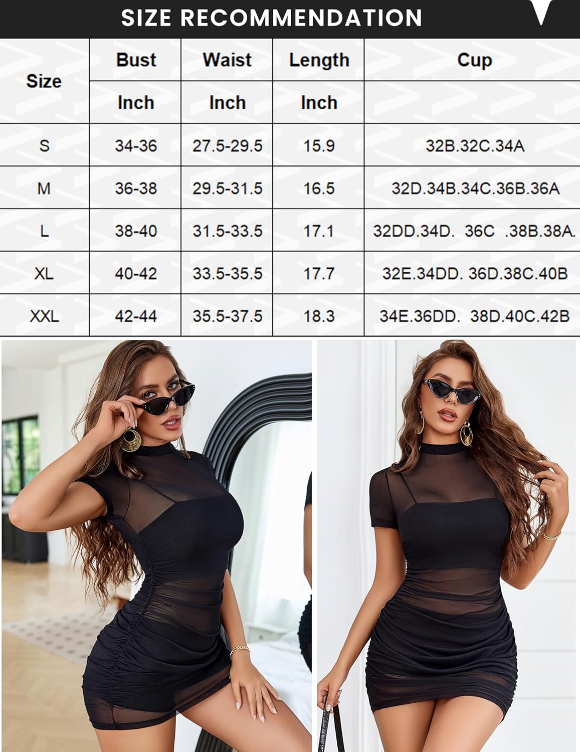 Black mesh bodycon mini dress with short sleeves and ruched fitted silhouette