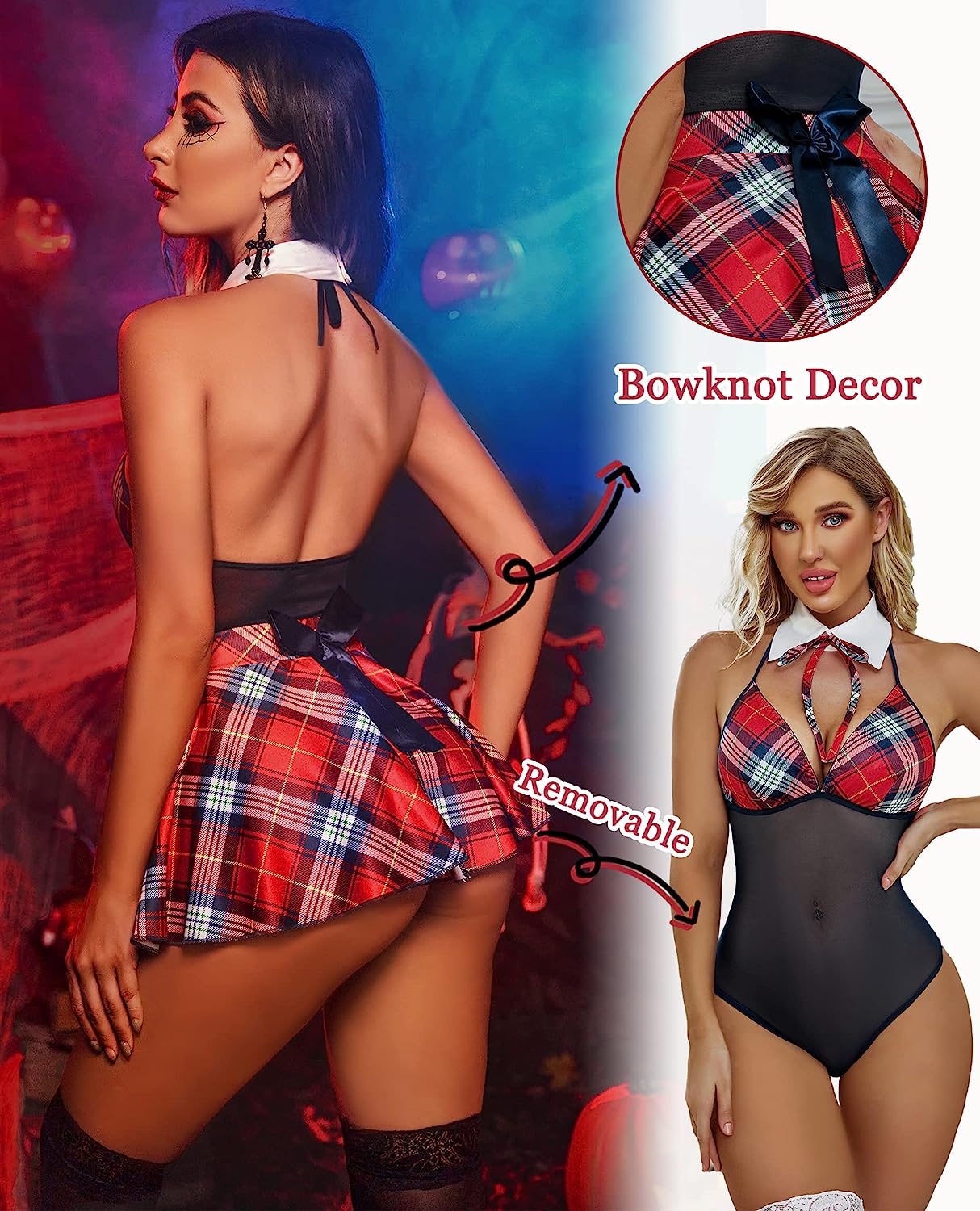 Back view of plaid halter snap-crotch dress with white collar and black mesh bodice