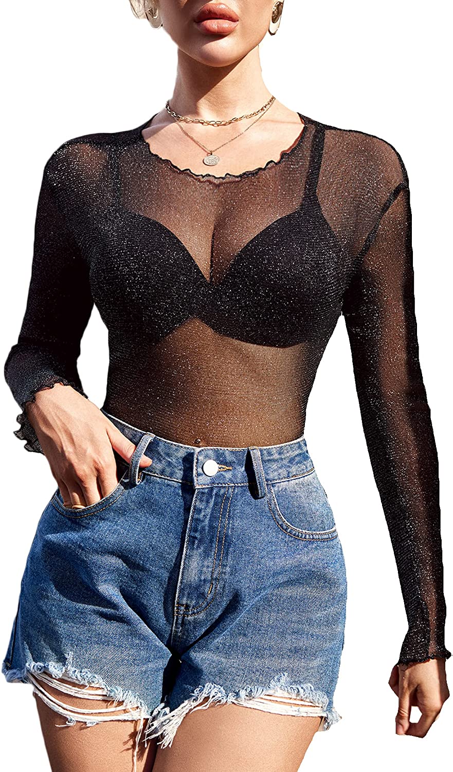 Black see-through mesh long-sleeve top with V-shaped bra-style cups and scalloped neckline
