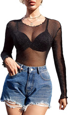 Black see-through mesh long-sleeve top with V-shaped bra-style cups and scalloped neckline