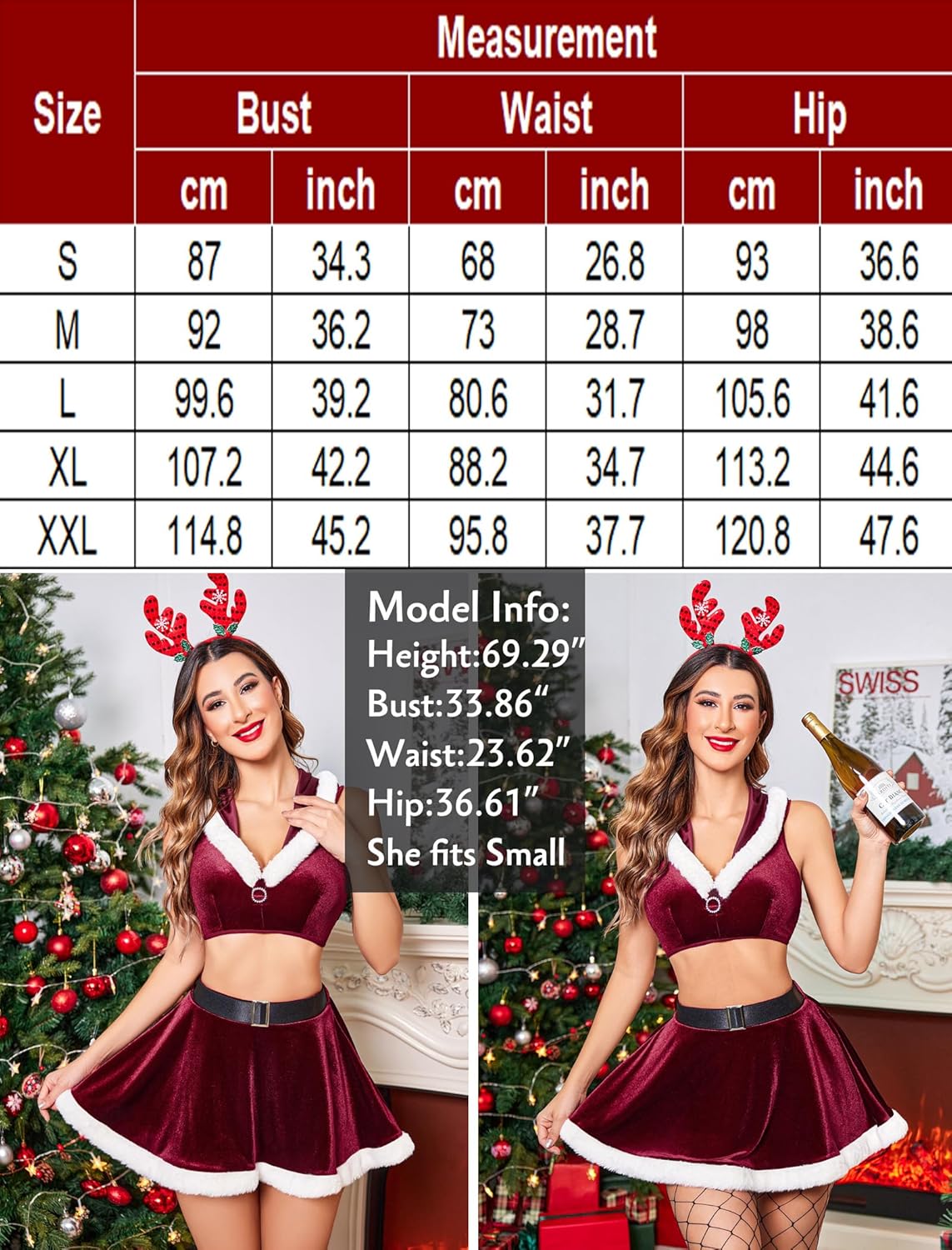 Size chart and model info for velvet hooded crop top and mini skirt set