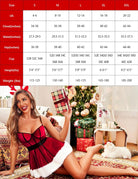 Red lace halter babydoll dress with black corset-style bodice and white faux-fur hem (model)