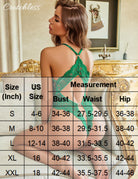 Green lace teddy bodysuit back view beside size measurement chart (US sizes)