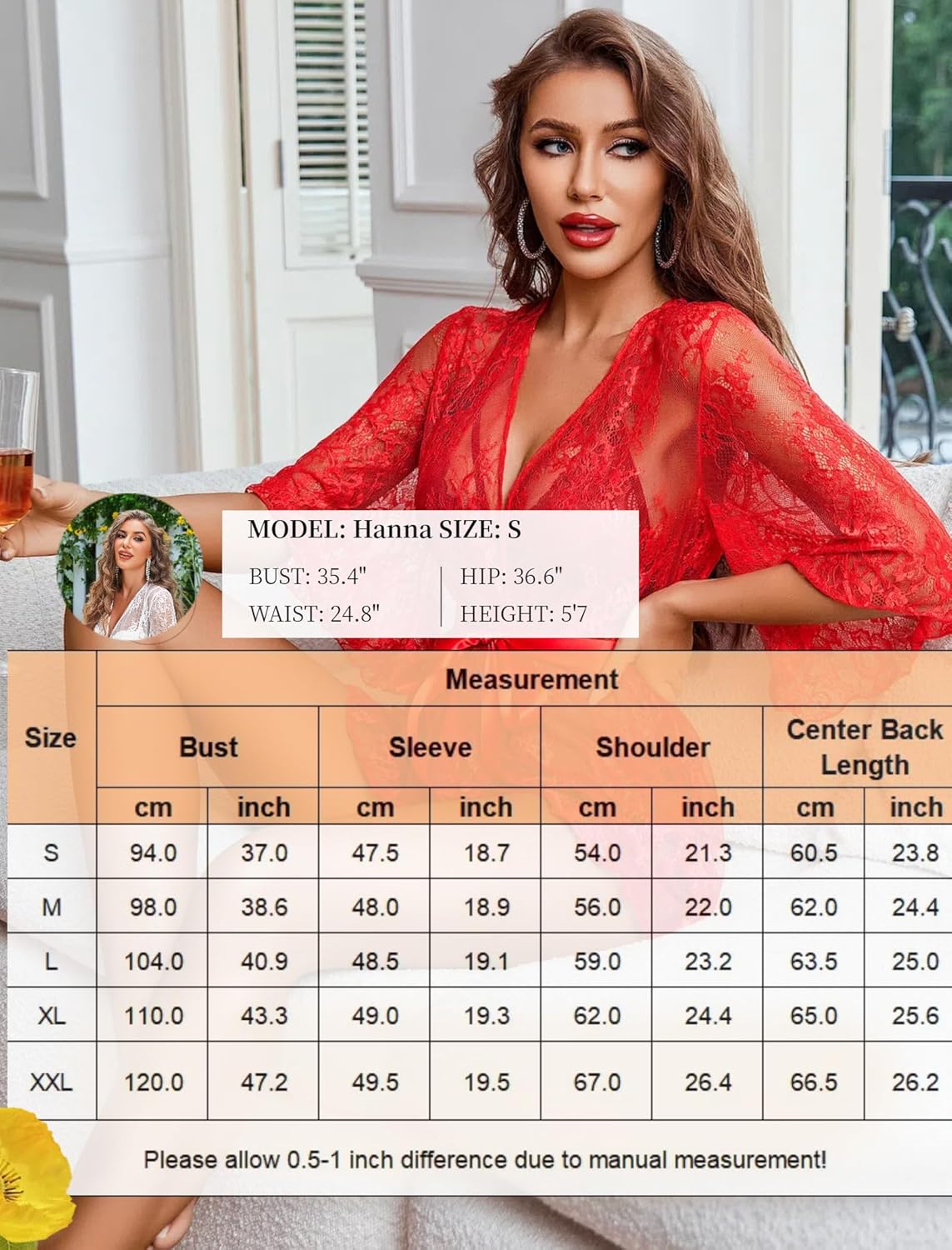 Size measurement chart for lace babydoll lingerie dress, bust and length in cm/in.
