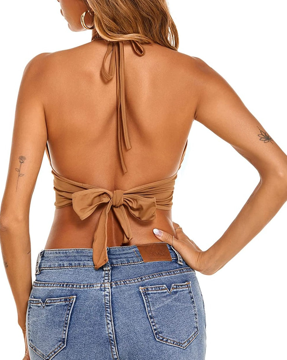Brown halter backless tank top with bow-tie back and slim ties