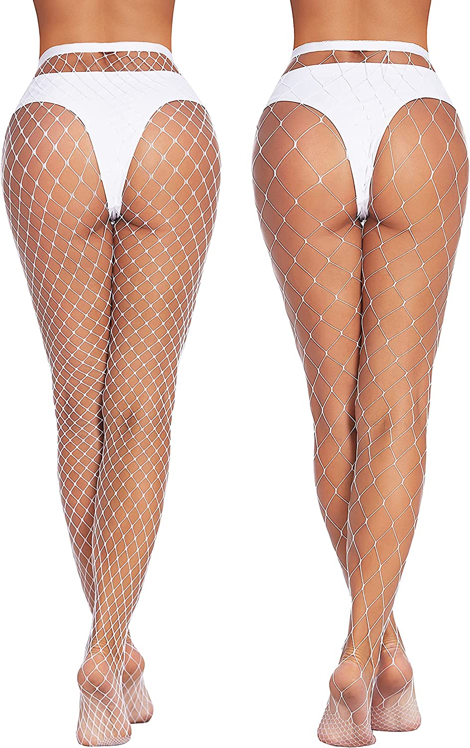 White fishnet stockings for plus size with diamond lattice, wide waistband