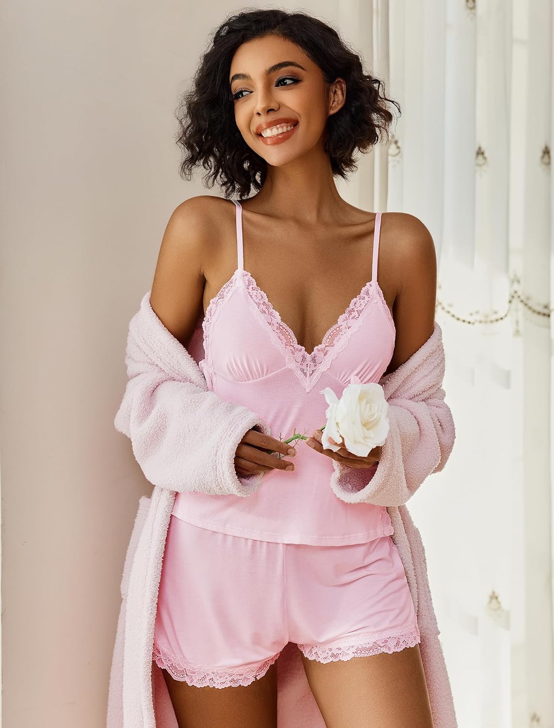 Pink lace-trim cami and shorts pajama set with lace neckline and scalloped edges