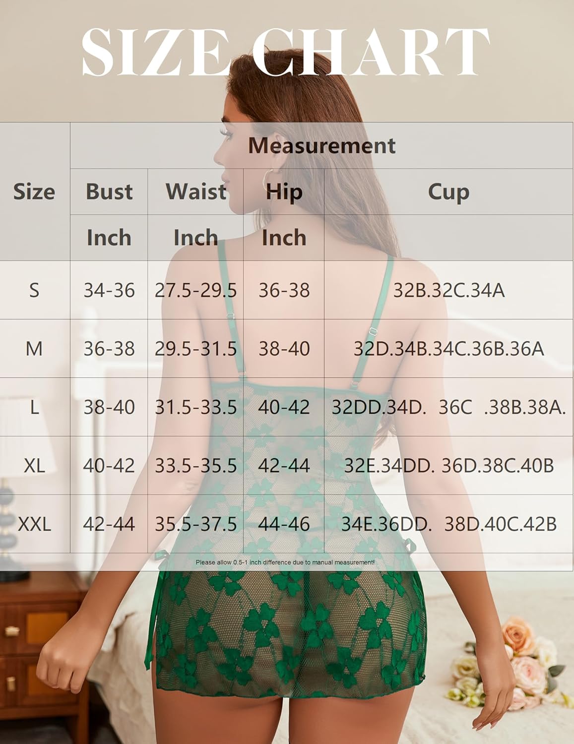Green lace mesh nightwear with floral pattern; size chart graphic overlay
