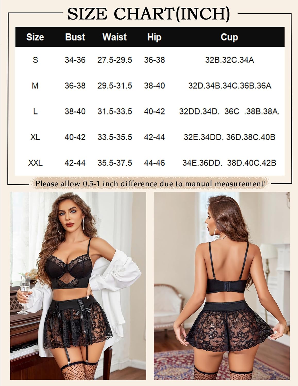 Lingerie set size chart for bralette, panty, and lace skirt
