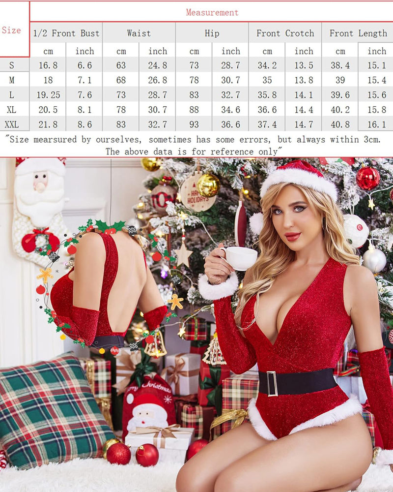 Red deep V teddy with belt and white trim, with matching hat and gloves.