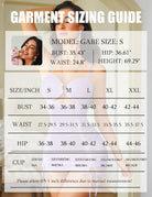 Garment sizing guide chart for mini dress showing bust, waist, hip, and cup ranges