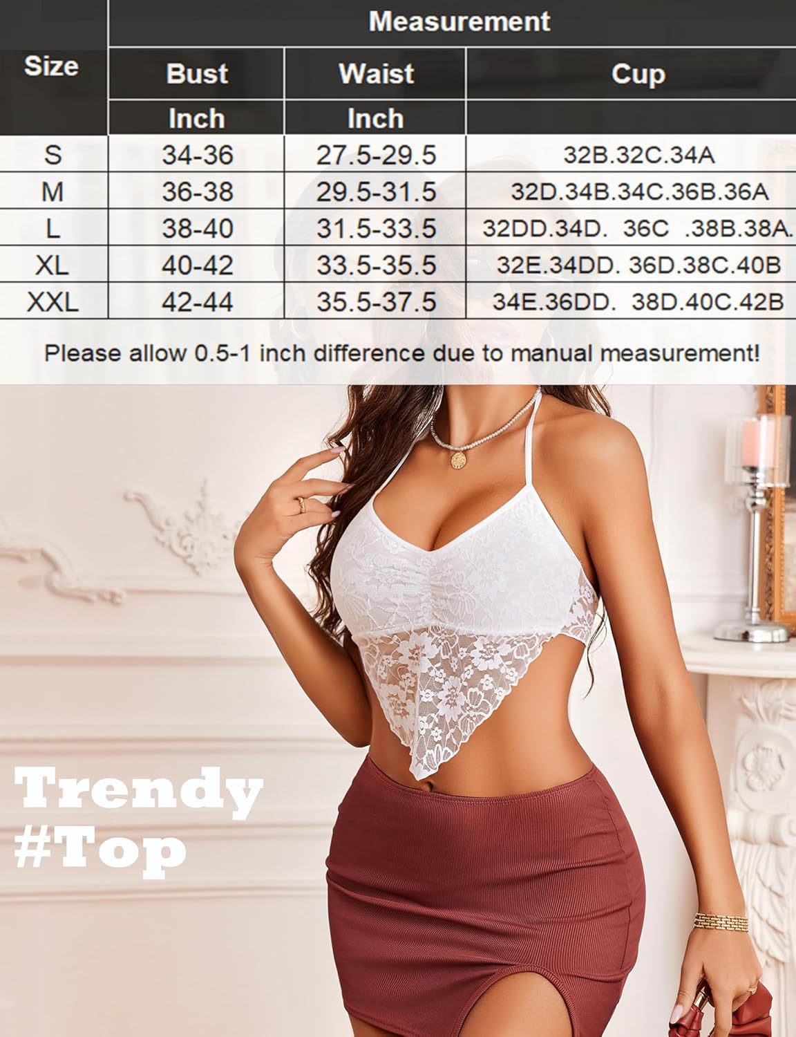 White lace halter crop cami tank with V-neck and ruched lace bust