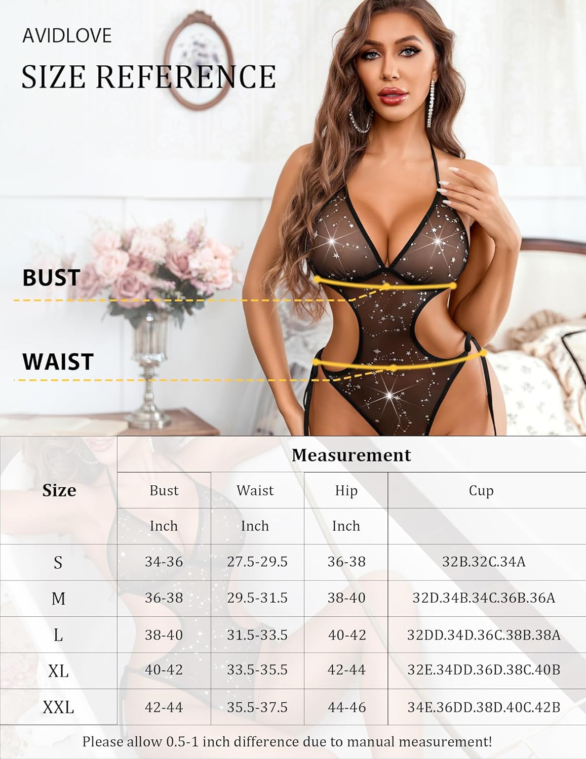 Mesh deep V cutout teddy bodysuit with sparkle dots and tie-side straps