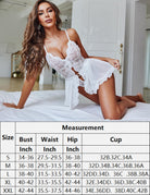 White lace one-piece teddy babydoll with deep V and ruffle hem; measurement size chart