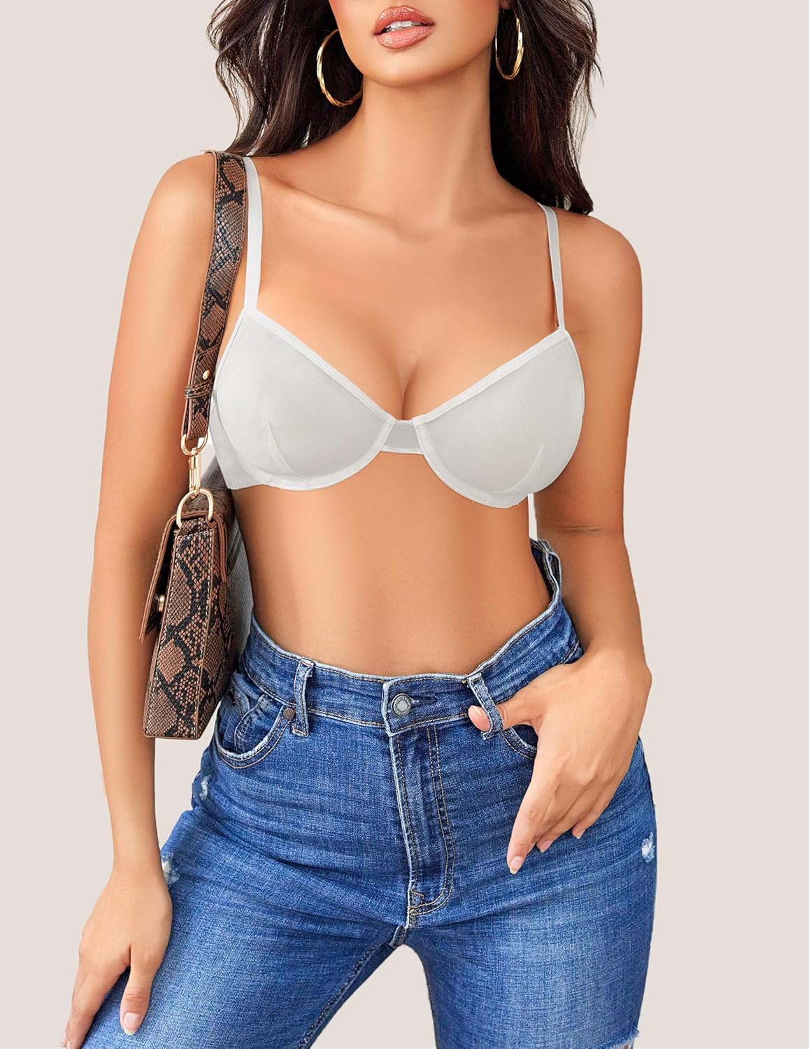 Sheer mesh unlined underwire bra, white, front view with mesh cups and underwire