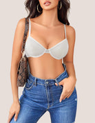 Sheer mesh unlined underwire bra, white, front view with mesh cups and underwire